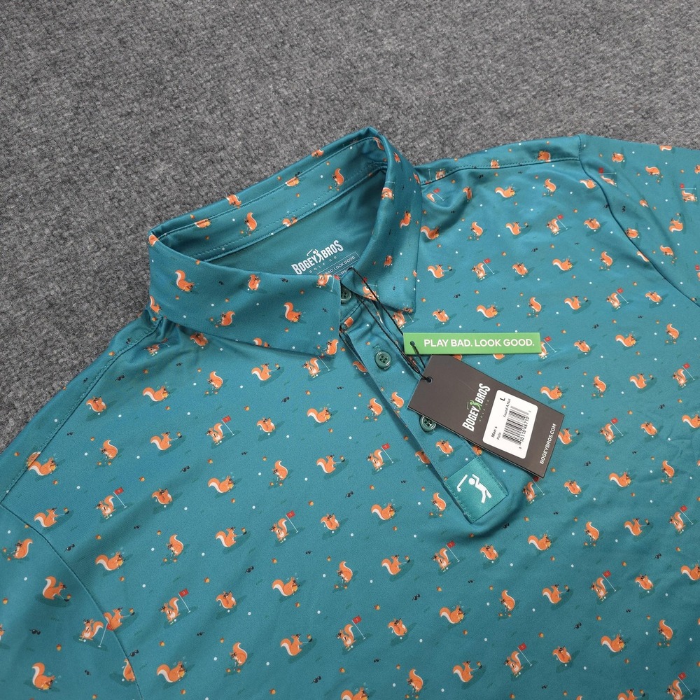 Bogey Bros Polo Shirt Mens Large Green Found A Nut Golf Squirrel Print NEW